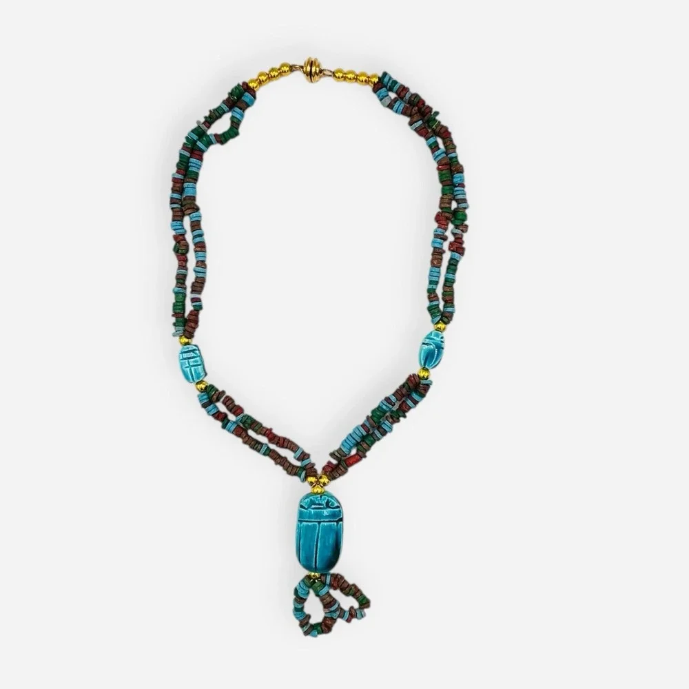 Vintage Egyptian Revival Scarab Necklace Carved Beetle Turquoise‎ Faience Magnet